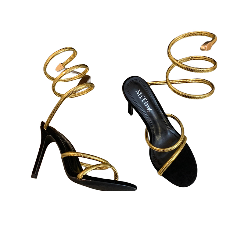 2026 New Summer Open Toe Snake Wrapped Strap Sandals Women Gold Silver Thin High Heels - Image 5