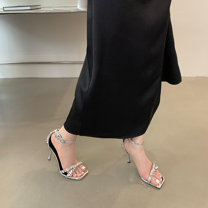 Miting 2026 New French Style Rhinestone Thin Heel Sandals Summer One-Strap Square Toe Silver Lady High Heels - Image 3