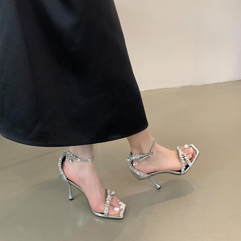 Miting 2026 New French Style Rhinestone Thin Heel Sandals Summer One-Strap Square Toe Silver Lady High Heels - Image 2