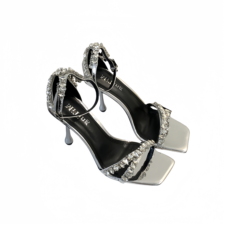 Miting 2026 New French Style Rhinestone Thin Heel Sandals Summer One-Strap Square Toe Silver Lady High Heels - Image 5