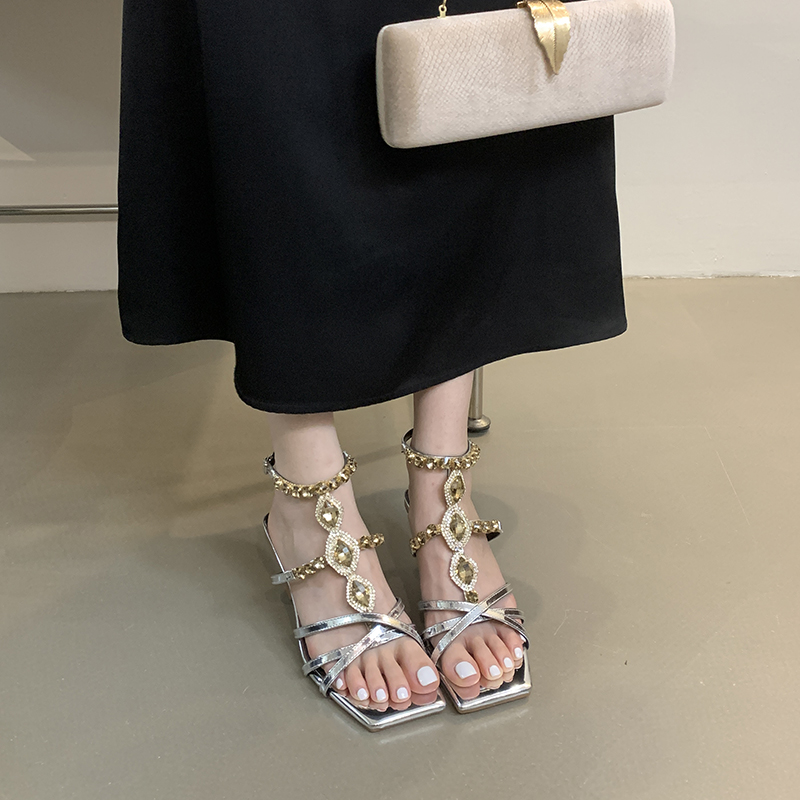Mitin Retro Rhinestone One-Strap Thin Heel Sandals for Women 2026 Summer New Square Toe Sexy Open Toe High Heels - Image 4