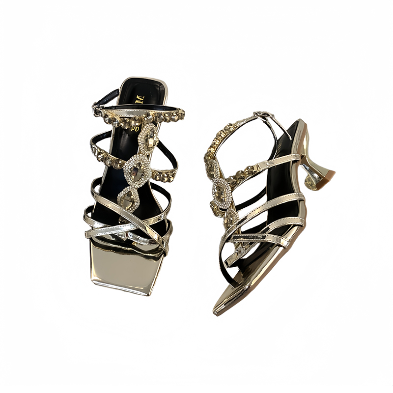 Mitin Retro Rhinestone One-Strap Thin Heel Sandals for Women 2026 Summer New Square Toe Sexy Open Toe High Heels - Image 5