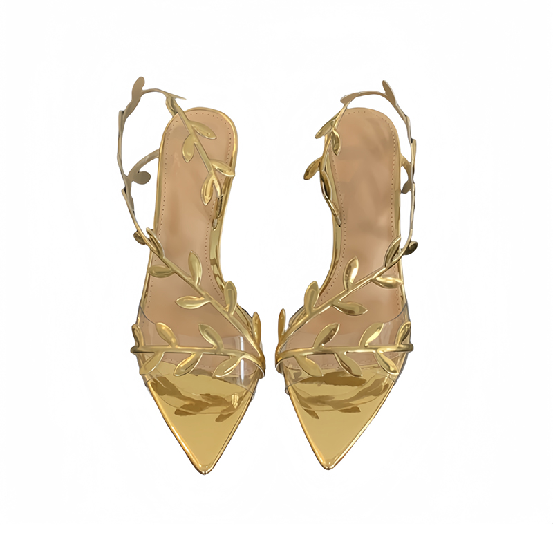 Miting Fairy Style Summer New Gold Leaf High Heel Sandals for Women Thin Heel Open Toe One-Strap Gold Sandals - Image 5