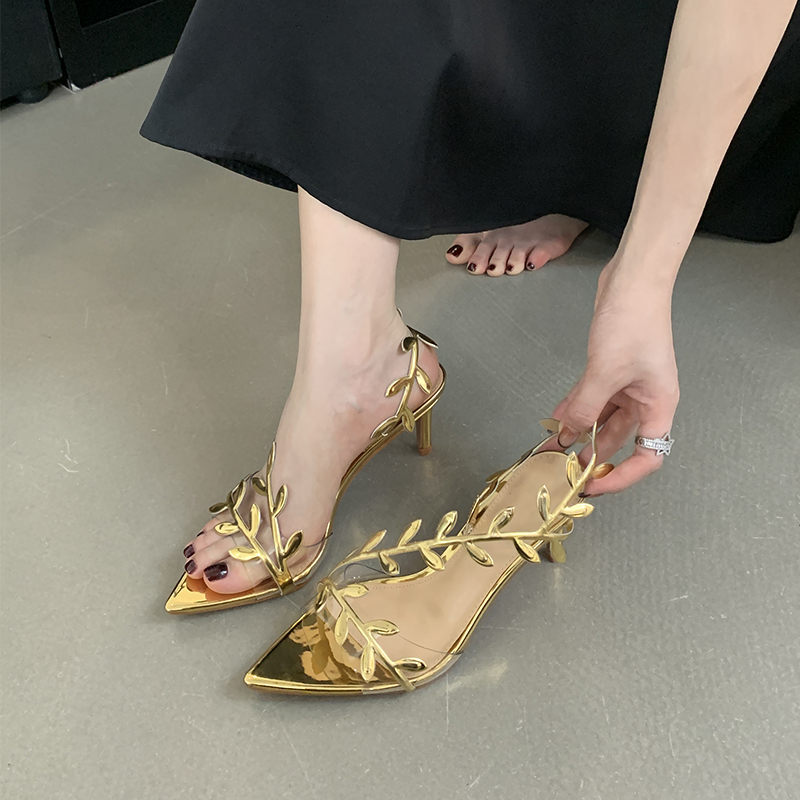 Miting Fairy Style Summer New Gold Leaf High Heel Sandals for Women Thin Heel Open Toe One-Strap Gold Sandals - Image 2