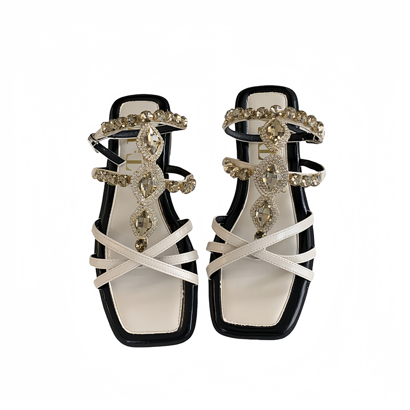 Miting French Thin Strap Flat Roman Sandals 2026 Summer New Rhinestone One-Bar Chain Square Toe Women's Sandals - Image 5
