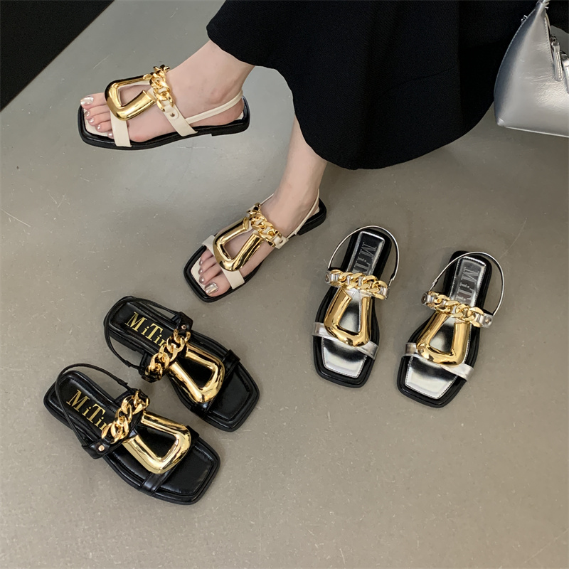 Women’s Roman Style Flat Sandals with Metal Buckle 2026 New Square Toe Open Toe Casual Slip On