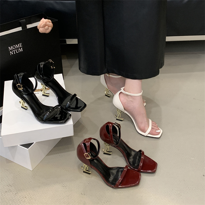 Miting Yujie Premium One-Strap High Heels Summer New Letter Heel Sexy Open-Toe Wine Red Sandals