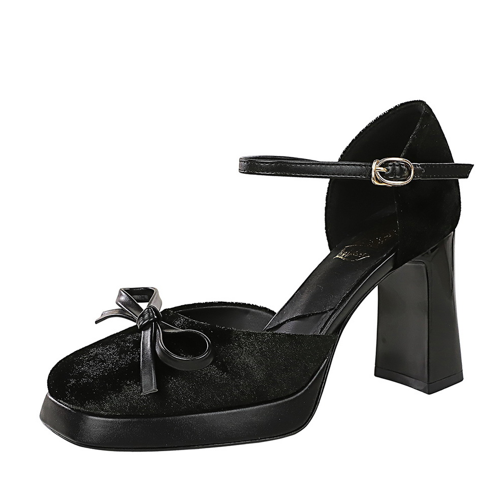 French Style Bow Velvet Square Toe Low Cut Waterproof Platform Chunky Heel One-Strap Buckle Women's Shoes - Image 5