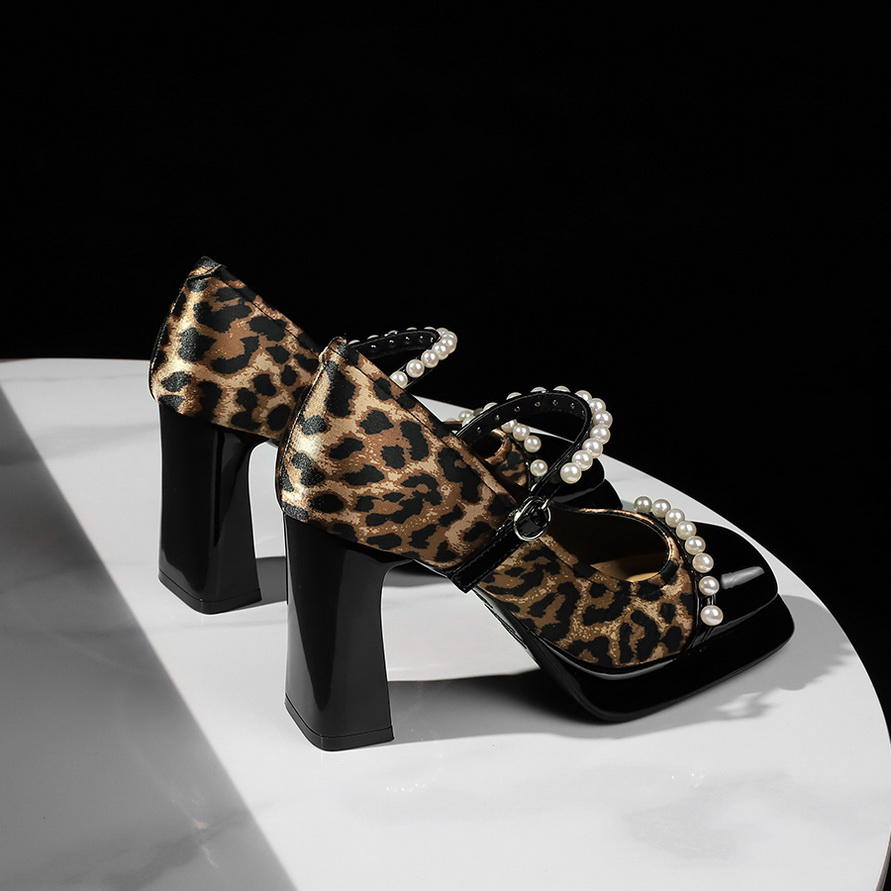 Women's European American Style Leopard Print Pearl One-Strap Buckle Round Toe Chunky Heel Platform Shoes - Image 3