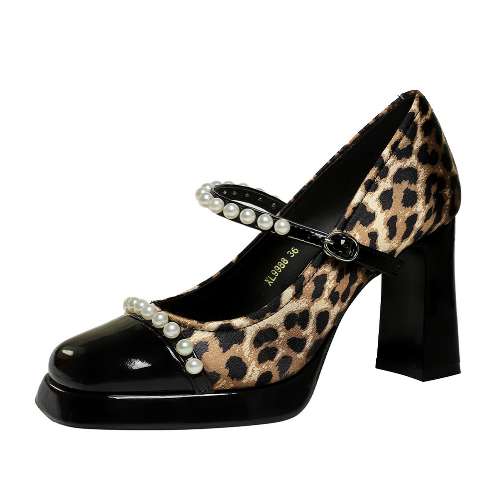 Women's European American Style Leopard Print Pearl One-Strap Buckle Round Toe Chunky Heel Platform Shoes - Image 5