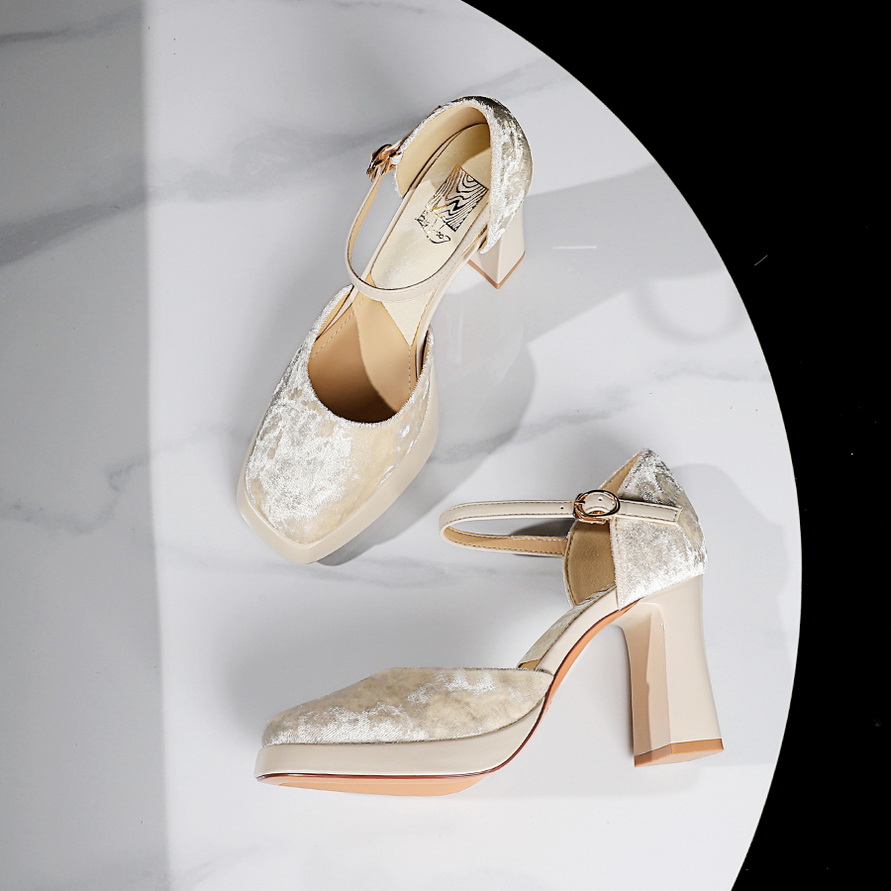 French Elegant Sweet Square Toe Shallow Mouth Platform Ultra High Heel Fashion Chunky Heel One-Strap Shoes