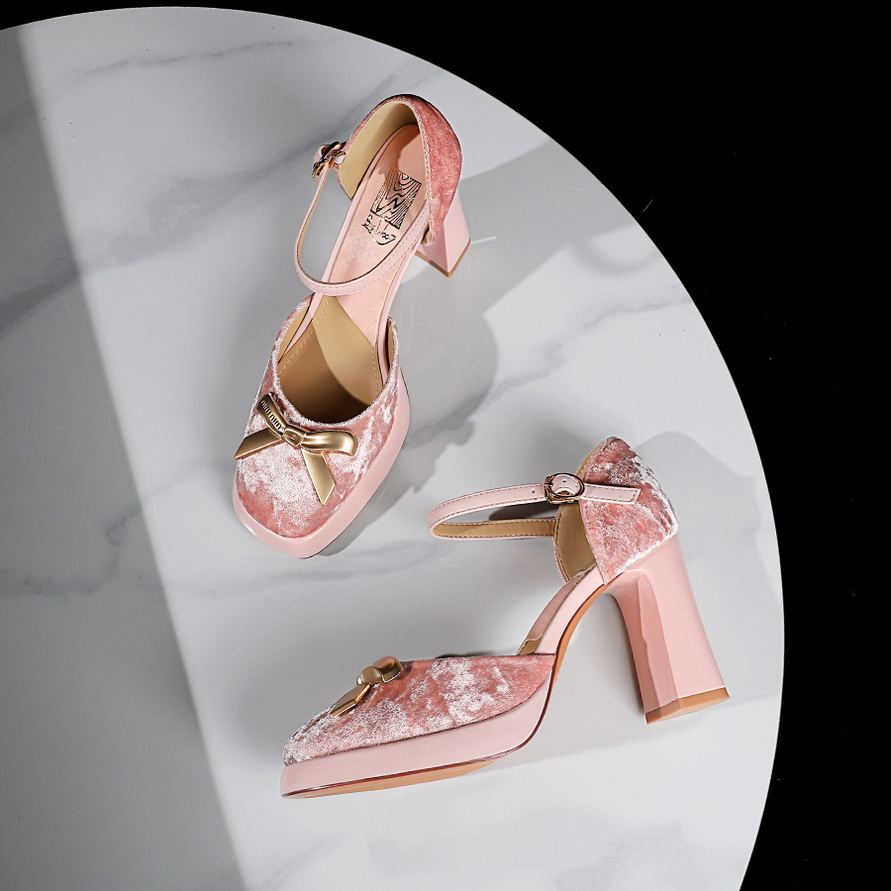 European American Style Metal Butterfly Decor Square Toe Chunky Heel Ankle Strap Platform Shoes - Image 2
