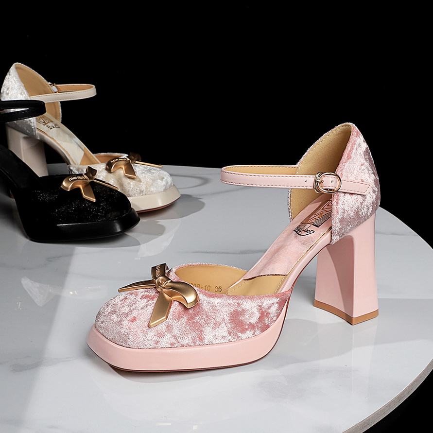 European American Style Metal Butterfly Decor Square Toe Chunky Heel Ankle Strap Platform Shoes - Image 4