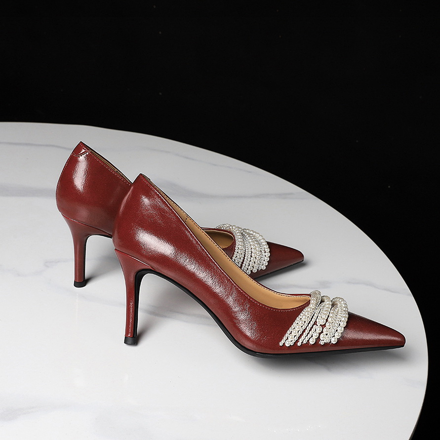 Women's Pointed Toe Slip-On Heels with Pearl Chain - Patent Leather Look, 7.5cm Stiletto, Party Shoes - Image 3