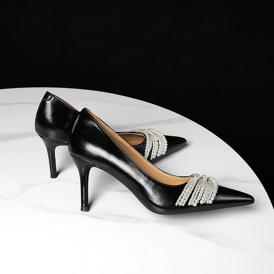 Women's Pointed Toe Slip-On Heels with Pearl Chain - Patent Leather Look, 7.5cm Stiletto, Party Shoes - Image 2