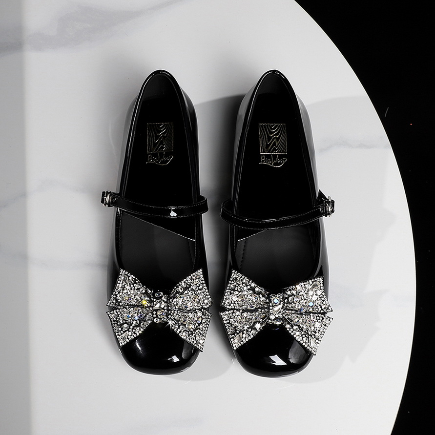 BIGWOOD Women's Evening Party Low Heel Shoes with Bow Rhinestone Buckle Strap Patent Leather