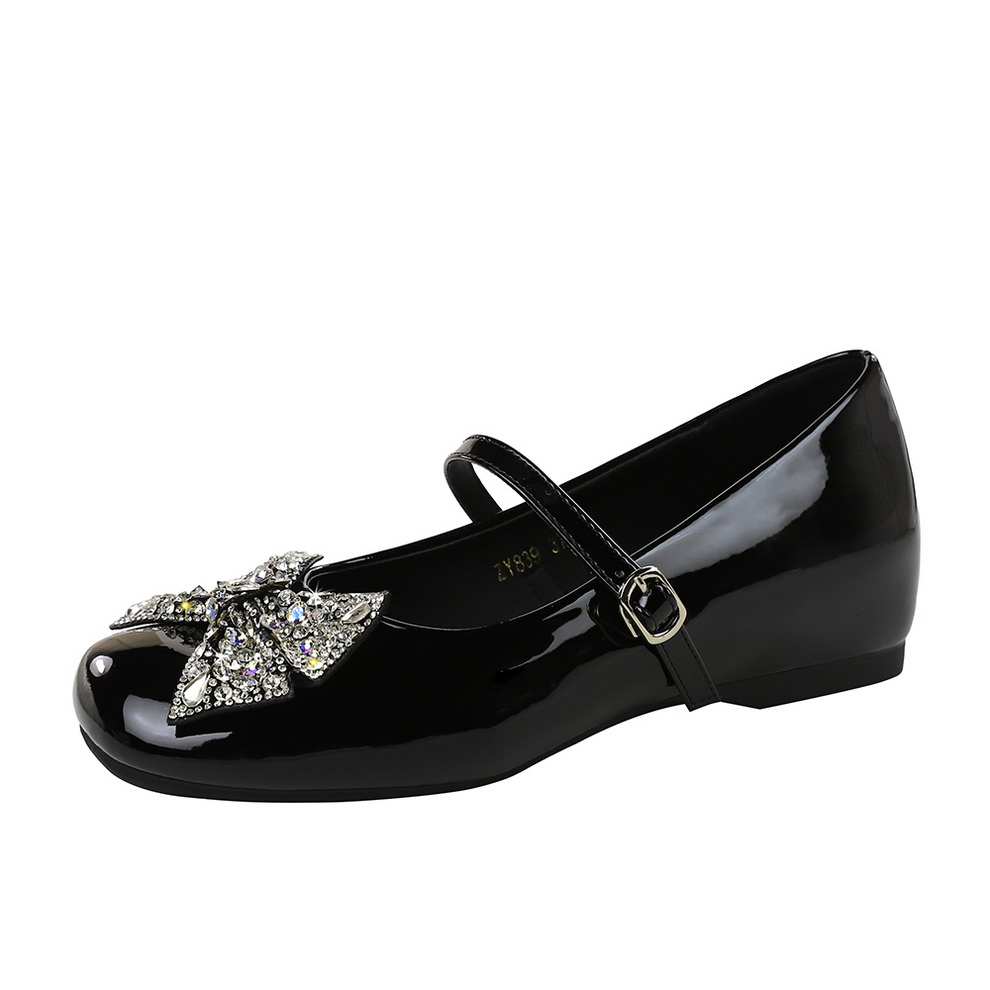 BIGWOOD Women's Evening Party Low Heel Shoes with Bow Rhinestone Buckle Strap Patent Leather - Image 5