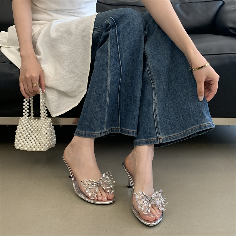2026 Summer New Sexy Transparent Rhinestone Bow High Heel Slippers Open Toe Women's Slippers - Image 3