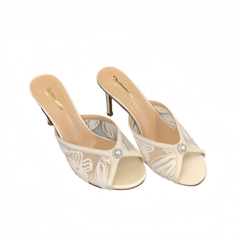 2026 Summer New Style Rhinestone Pearl Open Toe High Heel Slippers with Net Embroidery for Women - Image 5
