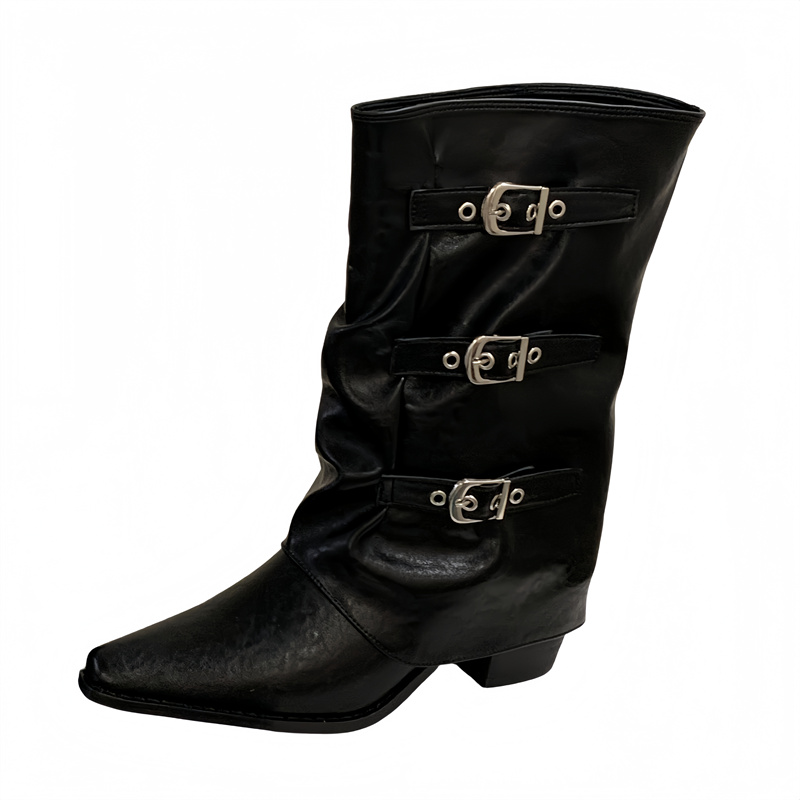 Niche Design Pointed Toe Mid Calf Boots 2026 Autumn Winter Belt Buckle Chunky Heel Riding Boots Short Western Cowboy Boots Women - Image 5