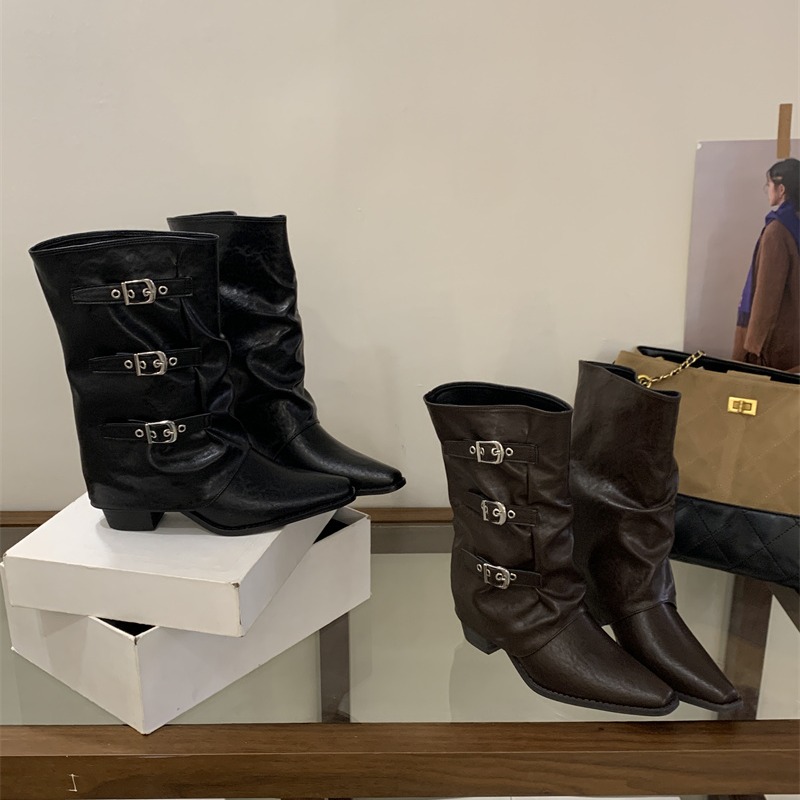 Niche Design Pointed Toe Mid Calf Boots 2026 Autumn Winter Belt Buckle Chunky Heel Riding Boots Short Western Cowboy Boots Women - Image 2