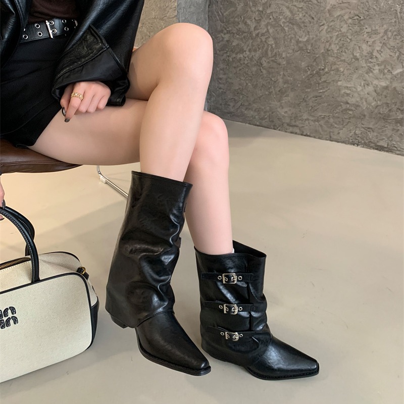 Niche Design Pointed Toe Mid Calf Boots 2026 Autumn Winter Belt Buckle Chunky Heel Riding Boots Short Western Cowboy Boots Women - Image 3