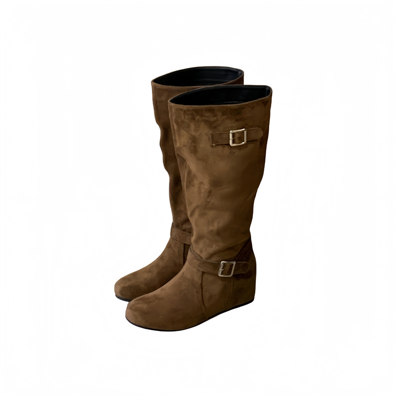 Sheepskin 5cm Hidden Heel Stacked Boots Women 2026 Autumn Winter New Korean Style Flat Mid High Tube Long Boots Western Boots - Image 5