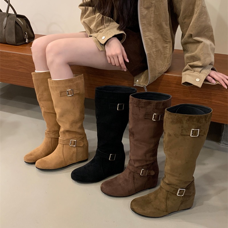 Sheepskin 5cm Hidden Heel Stacked Boots Women 2026 Autumn Winter New Korean Style Flat Mid High Tube Long Boots Western Boots