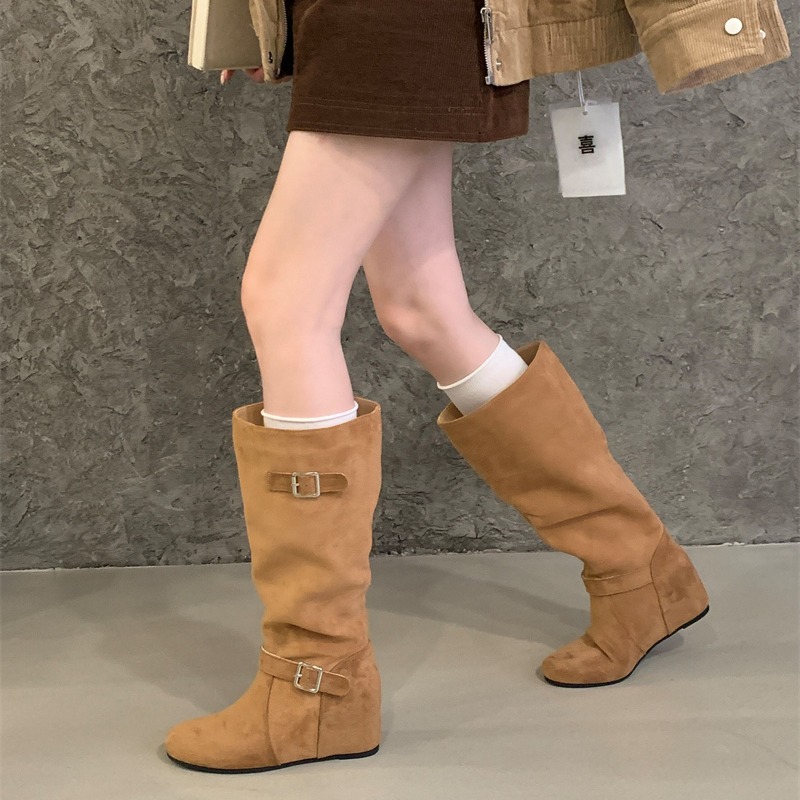 Sheepskin 5cm Hidden Heel Stacked Boots Women 2026 Autumn Winter New Korean Style Flat Mid High Tube Long Boots Western Boots - Image 2