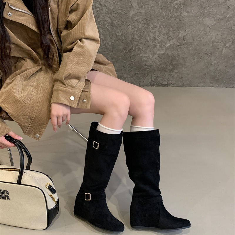 Sheepskin 5cm Hidden Heel Stacked Boots Women 2026 Autumn Winter New Korean Style Flat Mid High Tube Long Boots Western Boots - Image 3