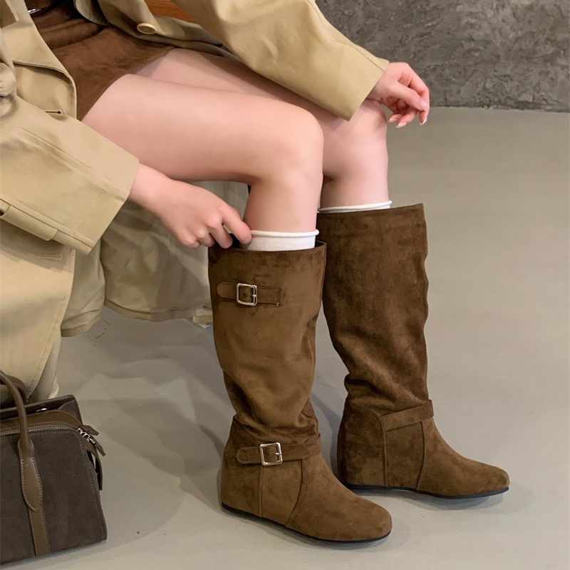 Sheepskin 5cm Hidden Heel Stacked Boots Women 2026 Autumn Winter New Korean Style Flat Mid High Tube Long Boots Western Boots - Image 4