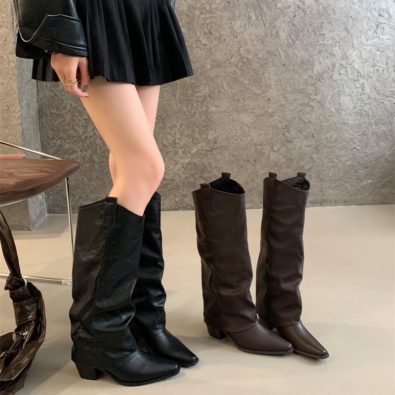 New Maillard Retro Tube Boots Pointed Toe High Top High Heel Stacked Boots Knight Boots Long Boots Women