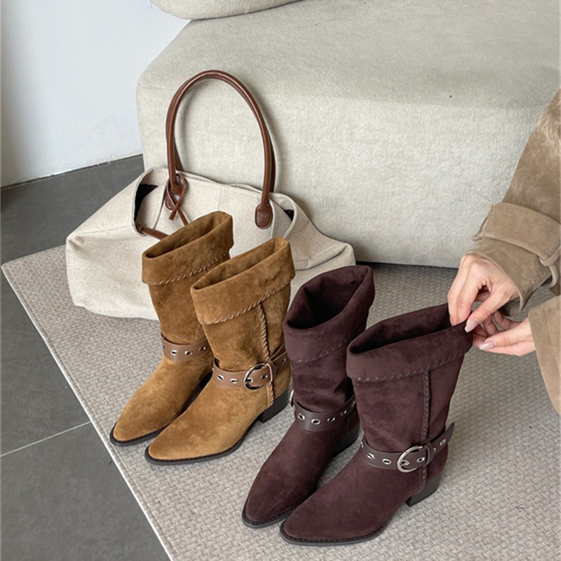 White Deer Zhong Chuxi Same Style BRADTRE Bread Tree Knight Boots Pleated Western Stack Boots Long-termism