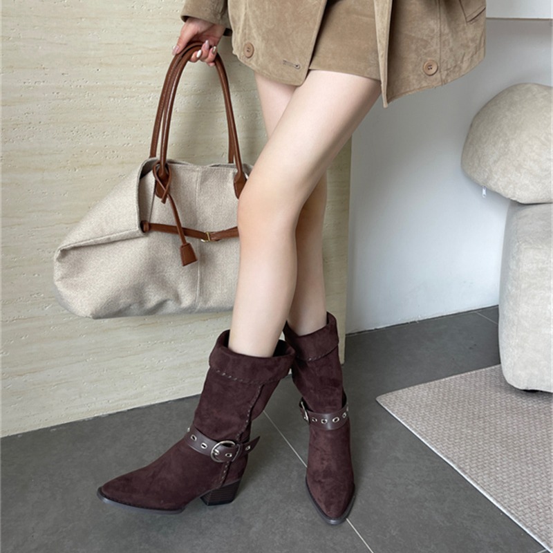 White Deer Zhong Chuxi Same Style BRADTRE Bread Tree Knight Boots Pleated Western Stack Boots Long-termism - Image 3