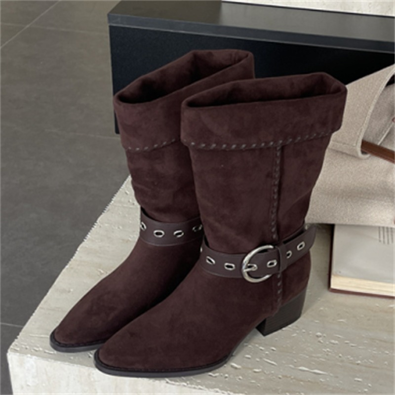 White Deer Zhong Chuxi Same Style BRADTRE Bread Tree Knight Boots Pleated Western Stack Boots Long-termism - Image 5