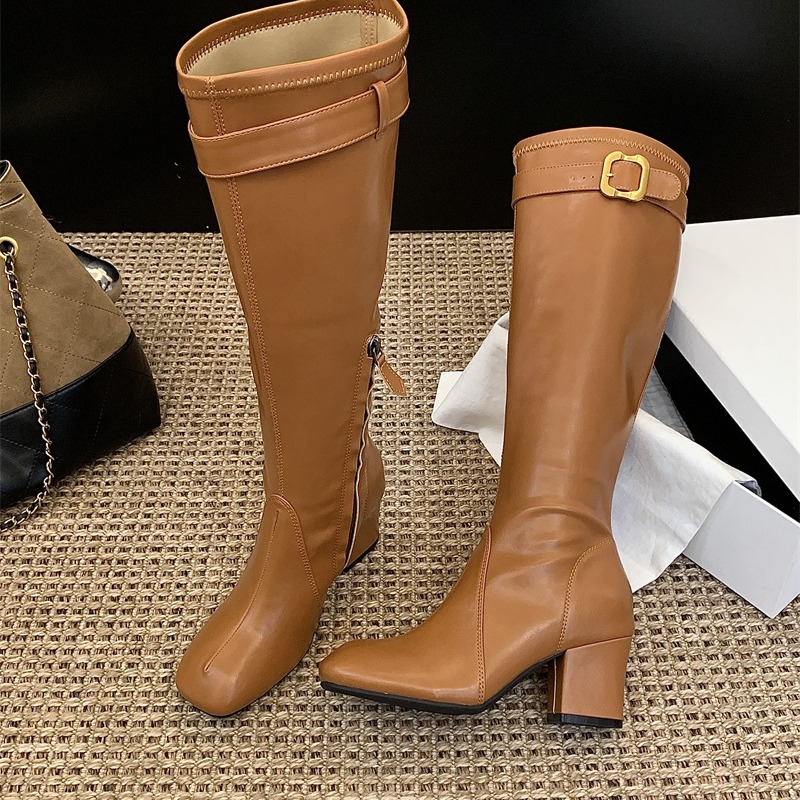 MIU Zhang Yuanyuan Style Chunky Heel Over Knee Boots Women 2026 New Belt Buckle Tall Riding Boots Stretch Boots - Image 4