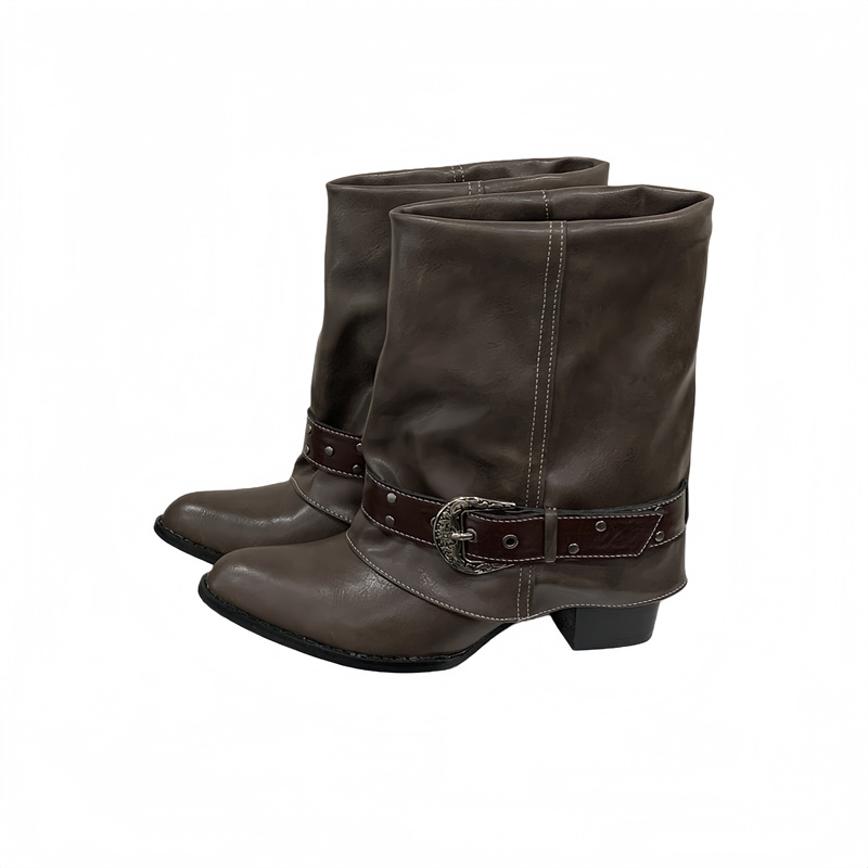 Korean Style Versatile Western Short Boots for Women Stacked Heel Pleated Pointed Toe Riding Boots Trouser Boots - Image 5