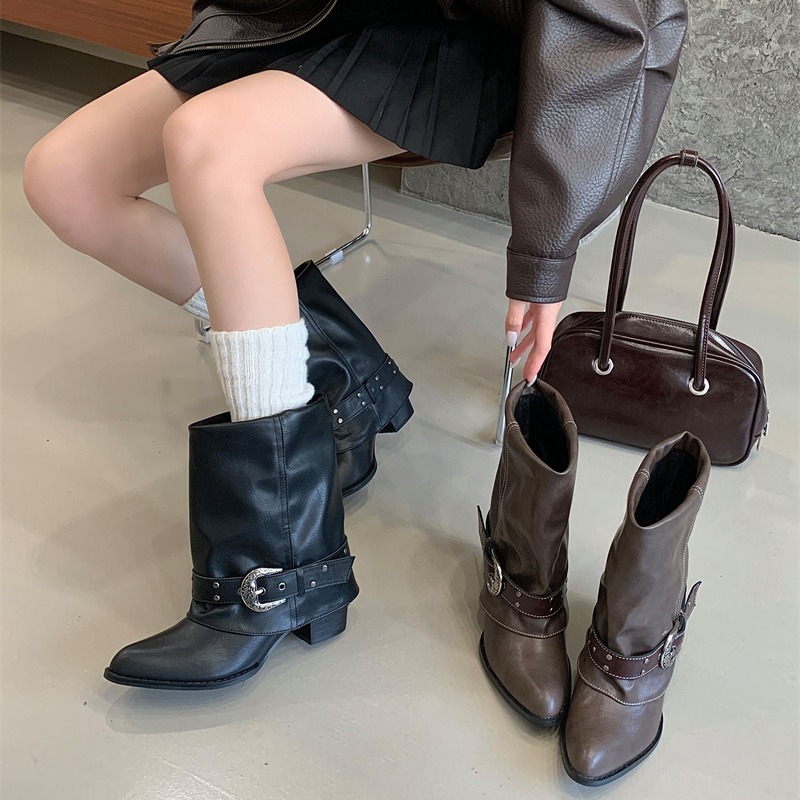 Korean Style Versatile Western Short Boots for Women Stacked Heel Pleated Pointed Toe Riding Boots Trouser Boots