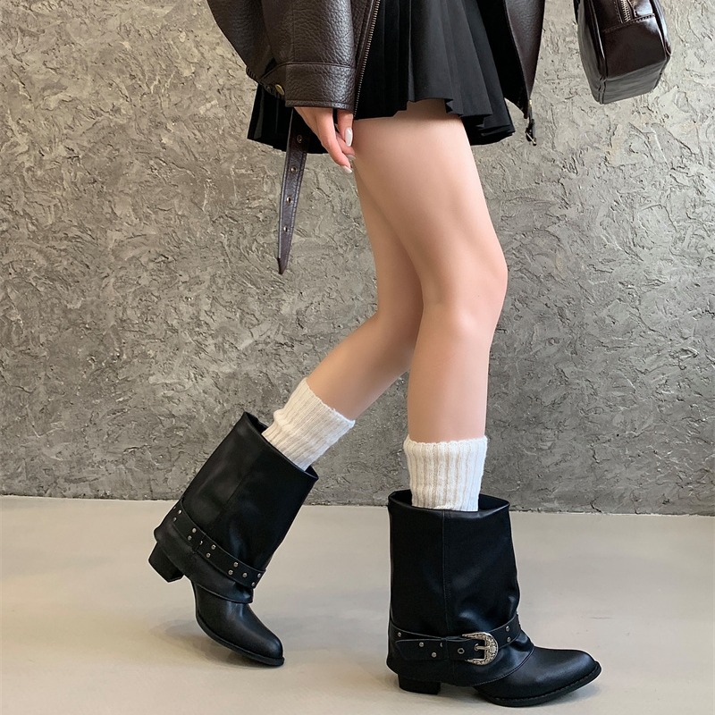 Korean Style Versatile Western Short Boots for Women Stacked Heel Pleated Pointed Toe Riding Boots Trouser Boots - Image 2