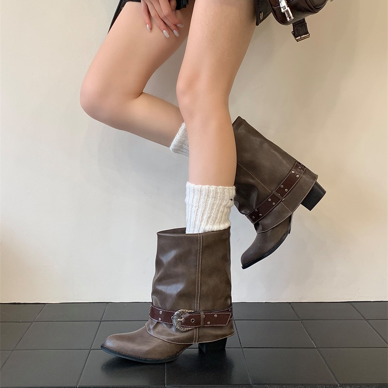 Korean Style Versatile Western Short Boots for Women Stacked Heel Pleated Pointed Toe Riding Boots Trouser Boots - Image 3
