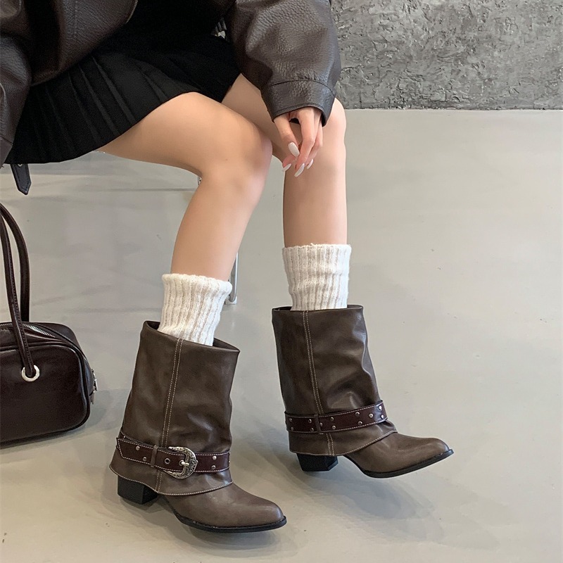 Korean Style Versatile Western Short Boots for Women Stacked Heel Pleated Pointed Toe Riding Boots Trouser Boots - Image 4