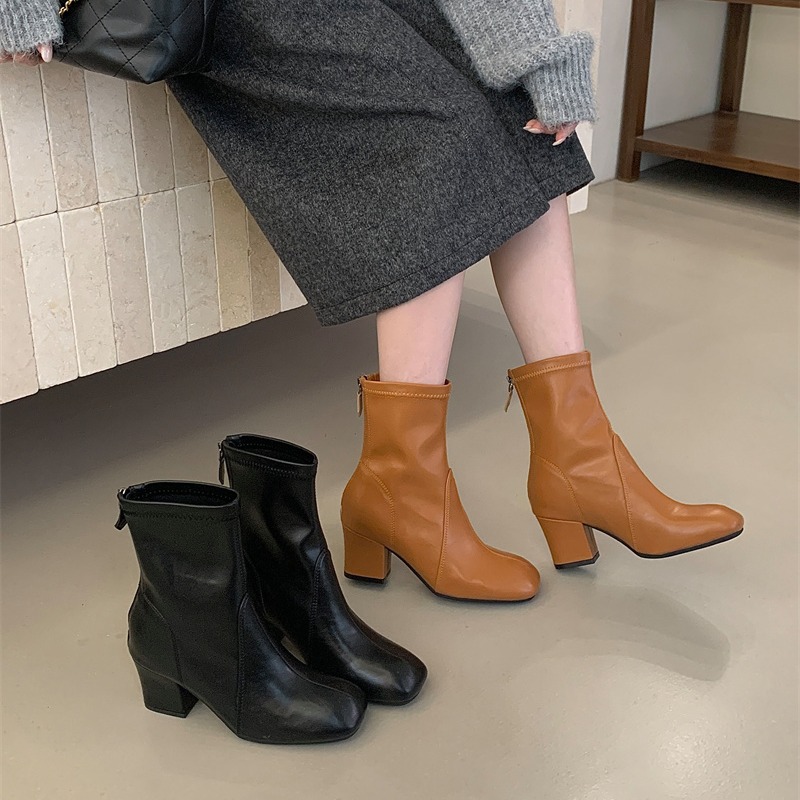 Sheepskin Style Zhang Yuanying Same Belt Buckle Knight Boots Women Square Toe Low Heel Short Boots Zip Motorcycle Boots