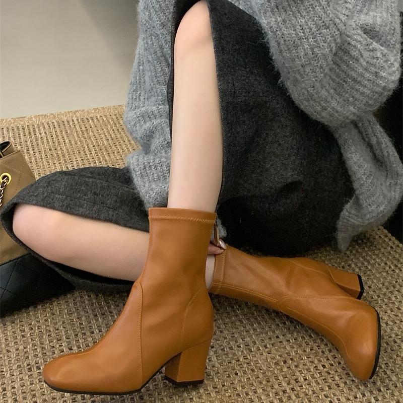 Sheepskin Style Zhang Yuanying Same Belt Buckle Knight Boots Women Square Toe Low Heel Short Boots Zip Motorcycle Boots - Image 2