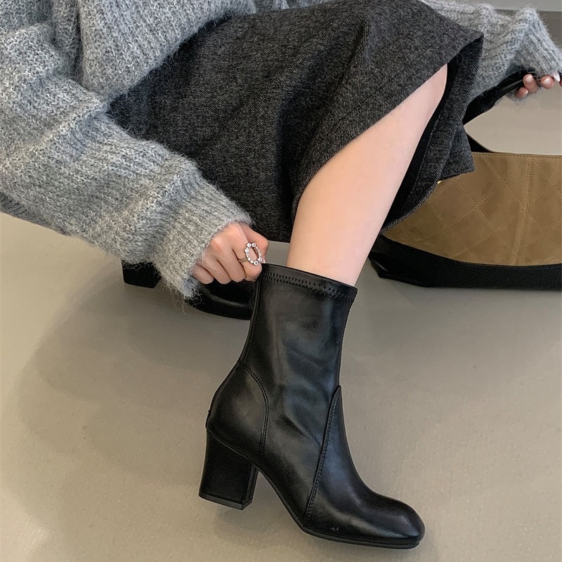 Sheepskin Style Zhang Yuanying Same Belt Buckle Knight Boots Women Square Toe Low Heel Short Boots Zip Motorcycle Boots - Image 3