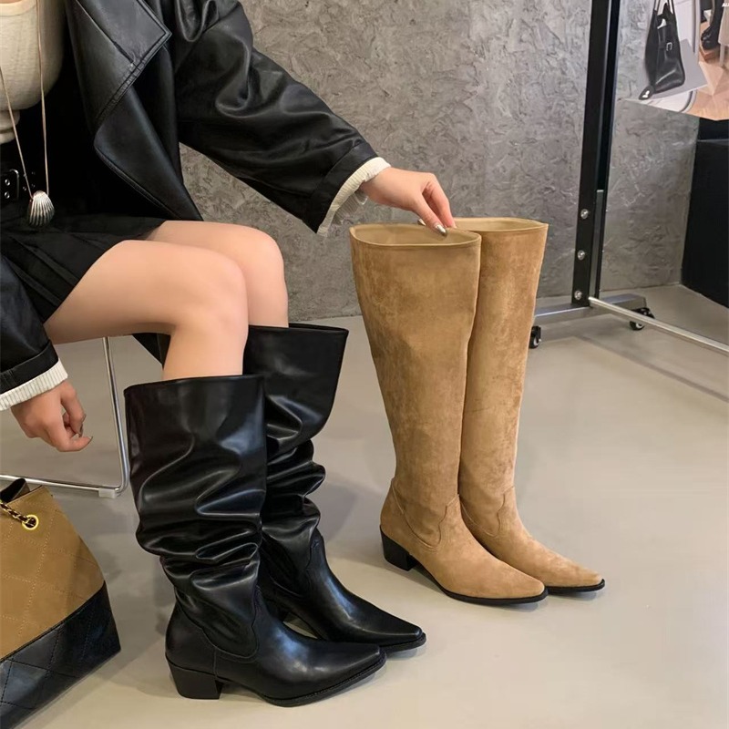 Vintage Pointed Toe Suede Kitten Heel Over Knee Boots Women 2026 Autumn Winter Wide Calf Ruffled Stacked Boots Long Boots