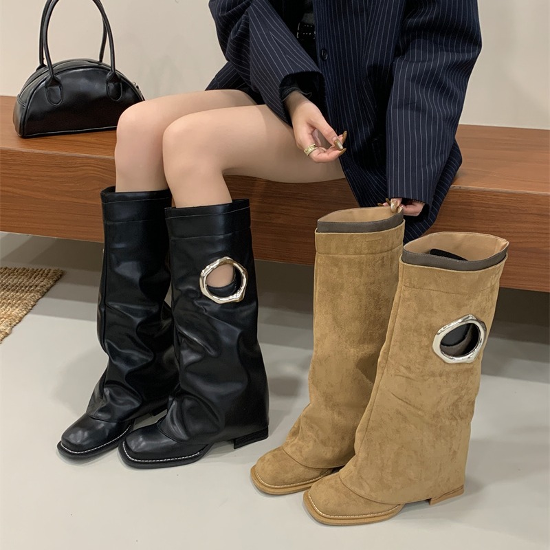Meng Ziyi Style Weini Vila Straight Boot with Cutout Design Minimalist High Heel Fashion Boots