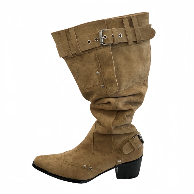 Wide Calf Suede Over Knee Riding Boots 2026 Vintage Chunky Heel Pointed Toe Buckle Pleated Stack Boots for Women - Image 5