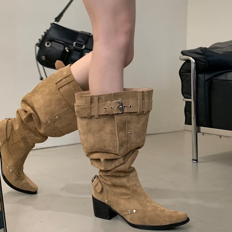 Wide Calf Suede Over Knee Riding Boots 2026 Vintage Chunky Heel Pointed Toe Buckle Pleated Stack Boots for Women