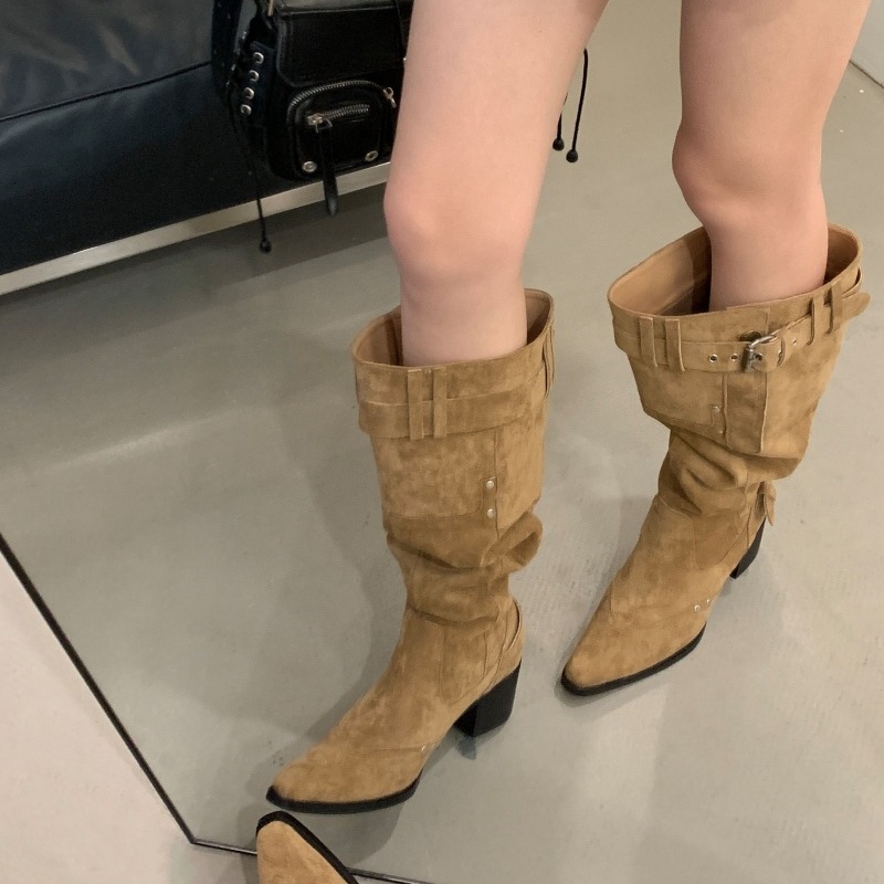 Wide Calf Suede Over Knee Riding Boots 2026 Vintage Chunky Heel Pointed Toe Buckle Pleated Stack Boots for Women - Image 2