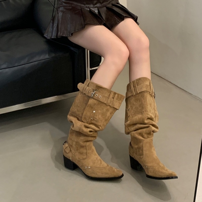 Wide Calf Suede Over Knee Riding Boots 2026 Vintage Chunky Heel Pointed Toe Buckle Pleated Stack Boots for Women - Image 3